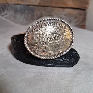 Justin Leather Tooled Belt and Silver‎ Buckle Black Kids size 20
